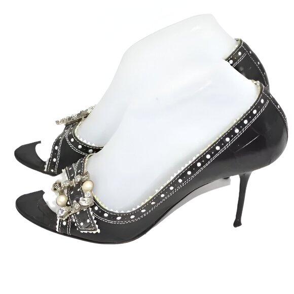Le Silla Luxury Designer Black Leather Open Toe Crystal & Pearl Heels 38.5 8.5 - Picture 5 of 12